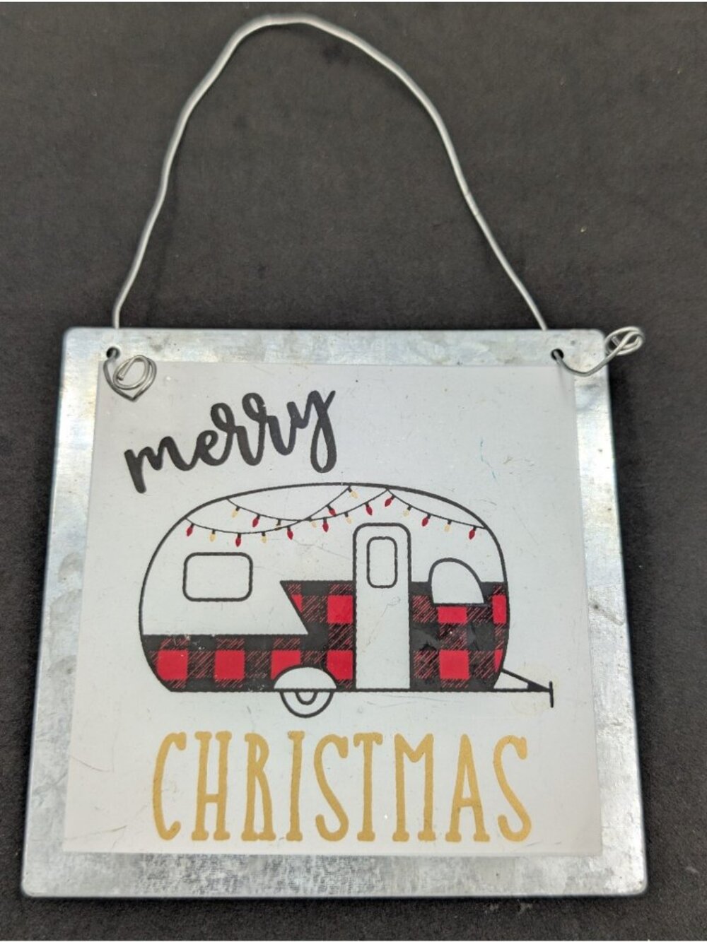 Merry Christmas Camper Trailer Ornament Galvanized Style Metal  Hanger Tag 4"